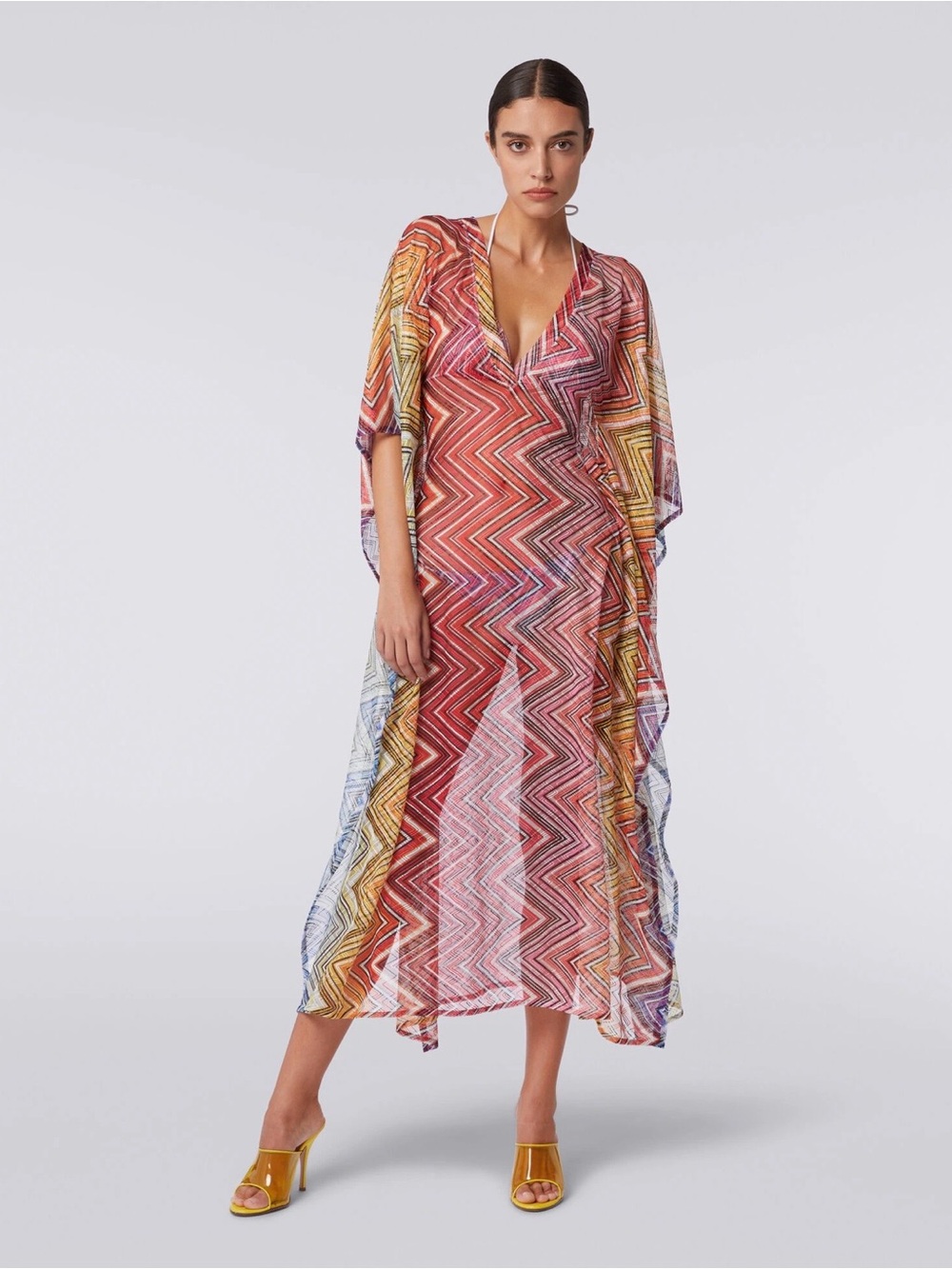 NWT Missoni Multicolor Zigzag V-Neck Kaftan rainbow sheer swimsuit coverup - Picture 2 of 7